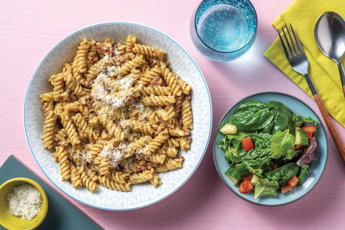 Creamy Bacon Basil Pesto Spaghetti with Tomato Salad Parmesan