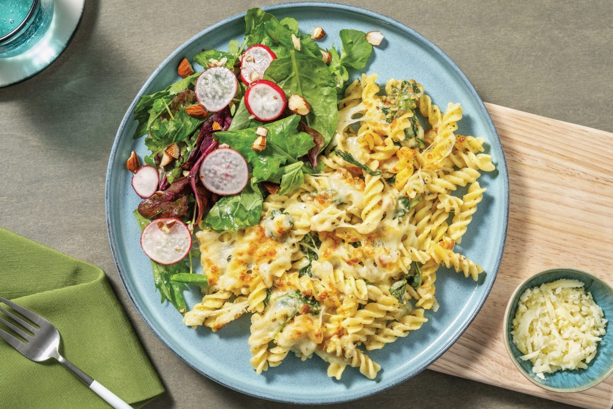 Creamy Basil Pesto Pasta Bake with Parmesan Cheese Radish Salad