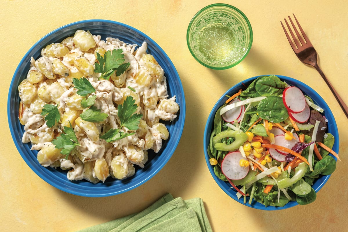 Creamy Pulled Chicken & Gnocchi Bake with Deluxe Radish Salad & Parsley