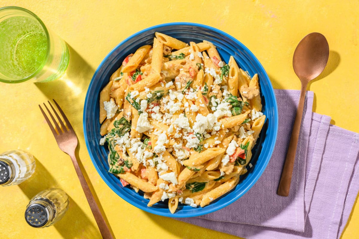 SuperQuick Creamy Beef and Red Pepper Penne