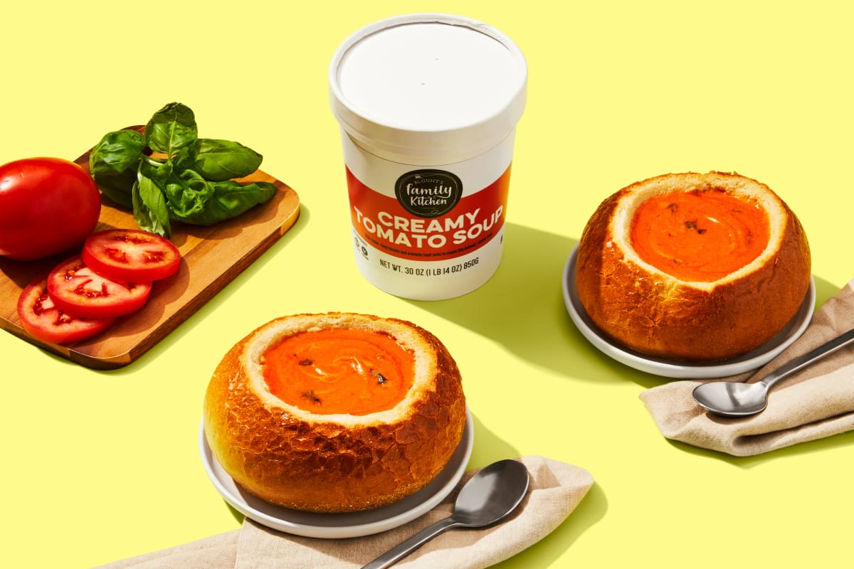 Creamy Tomato Soup in a Bread Bowl