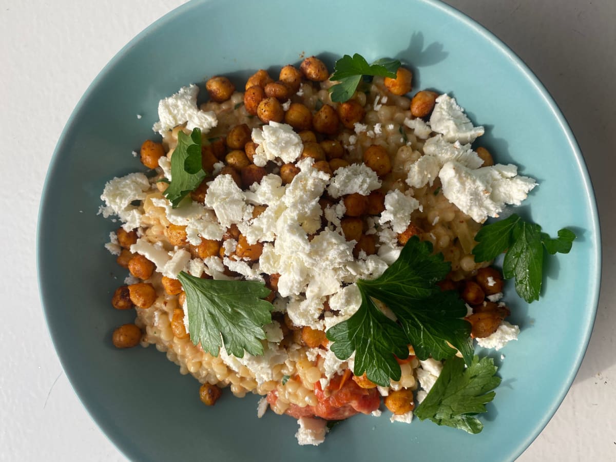 Creamy tomato and cheese pearl couscous