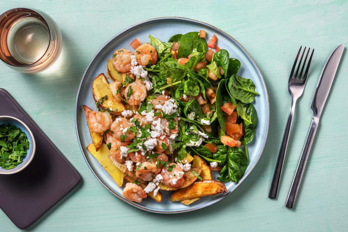 Crevettes assaisonnées et pommes de terre rôties