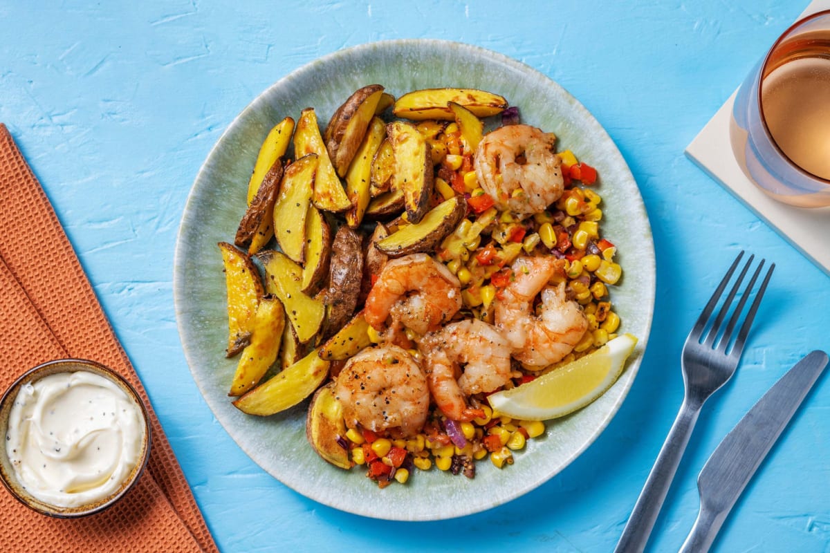 Lemon-Garlic Shrimp, Salmon, Corn and Peppers