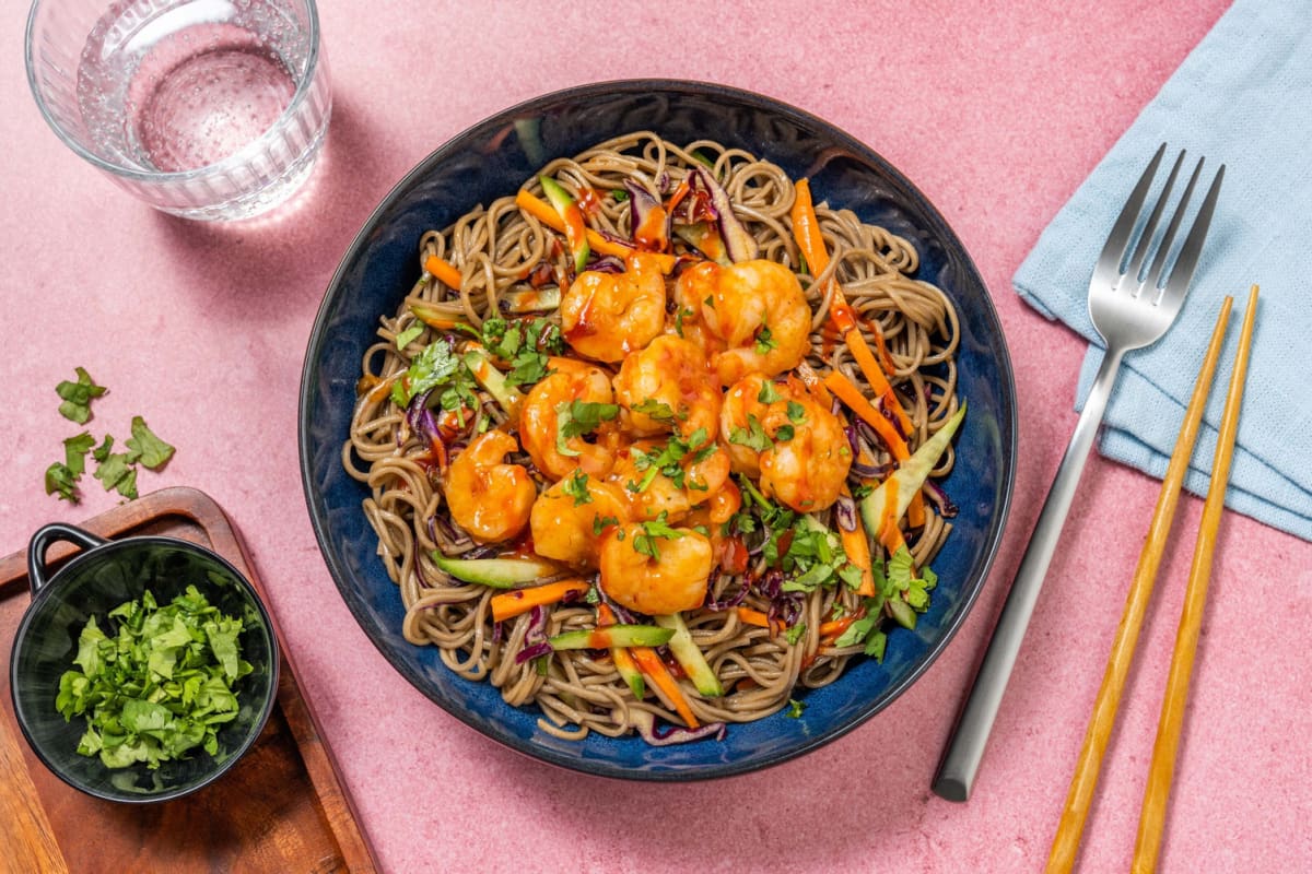 Crevettes grillées au chili doux et nouilles soba froides