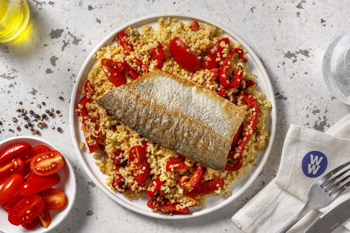 Crispy Skinned Sea Bass and Zhoug Bulgur