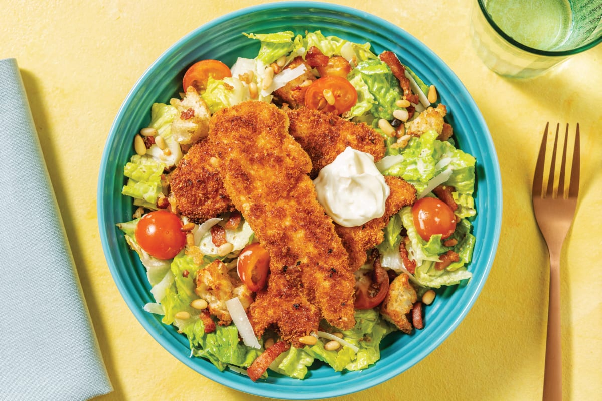 Crumbed Chicken Caesar Salad with Cherry Tomatoes & Parmesan Croutons