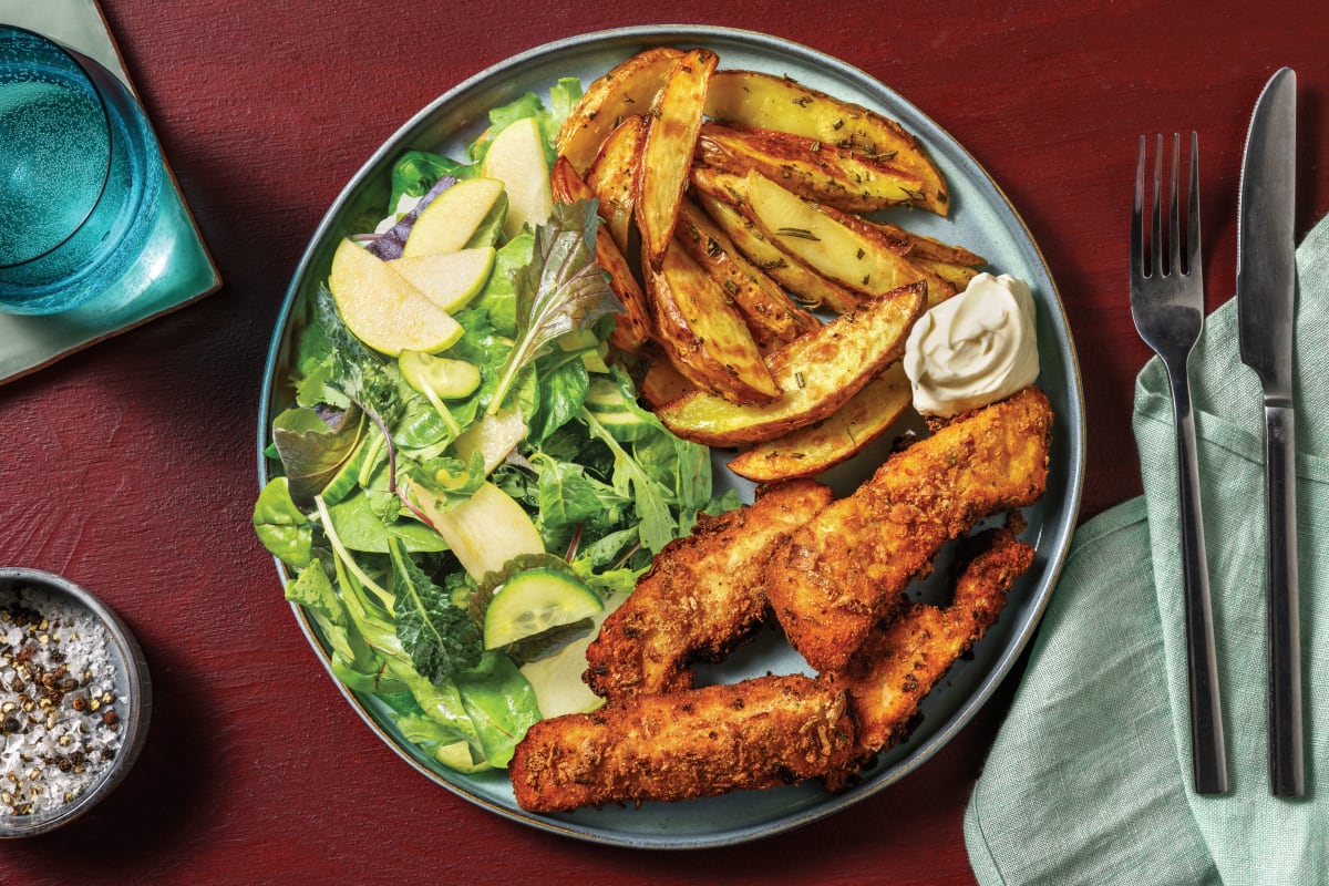 Crumbed Chicken Dippers & Apple Salad with Rosemary Potato Wedges & Truffle Mayo