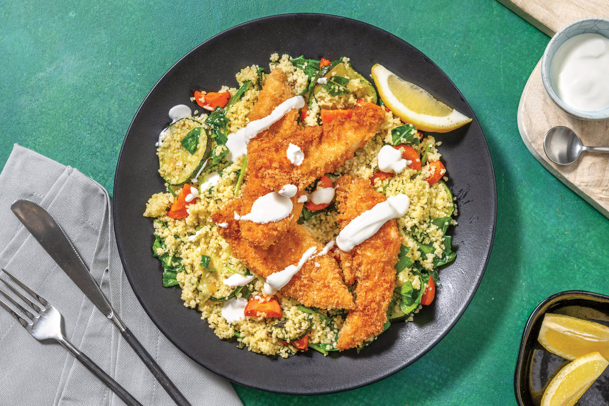 Crumbed Chicken & Lemony Roast Veggie Couscous Recipe HelloFresh