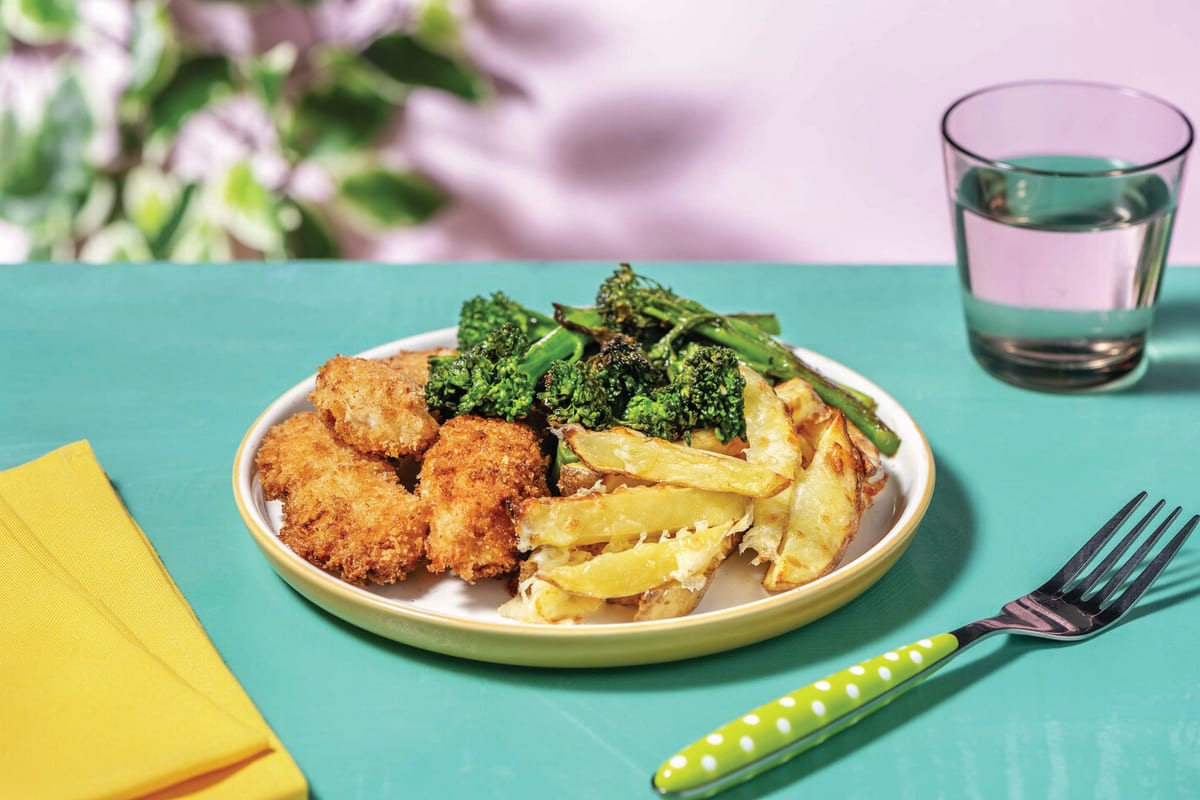 Crumbed Chicken Strips & Cheesy Fries with Baby Broccoli