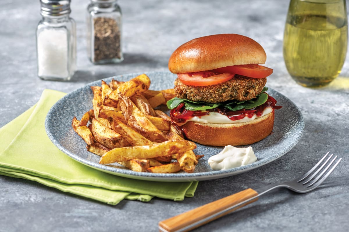 Crumbed Kumara Burger & Spiced Fries