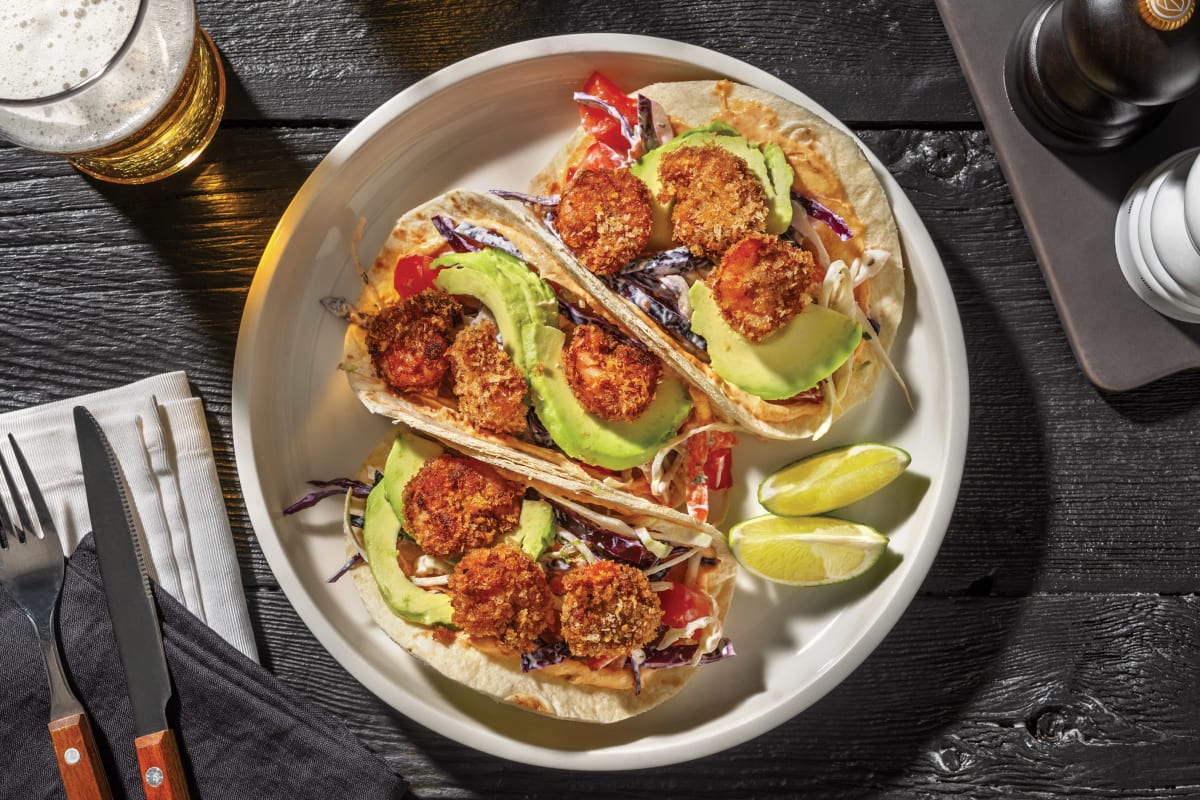 Crumbed Mexican Spiced Prawn Tacos