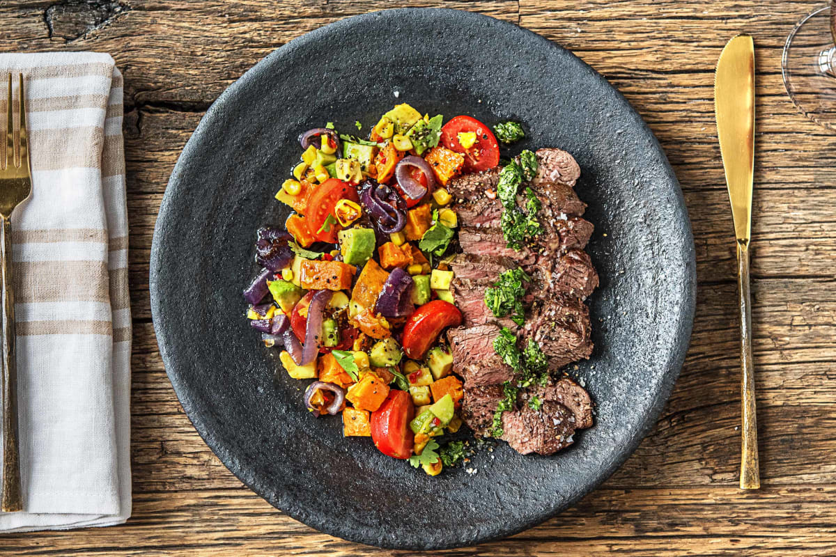 Cumin Chimichurri Skirt Steak with a Summery Avocado and Charred Corn Salad