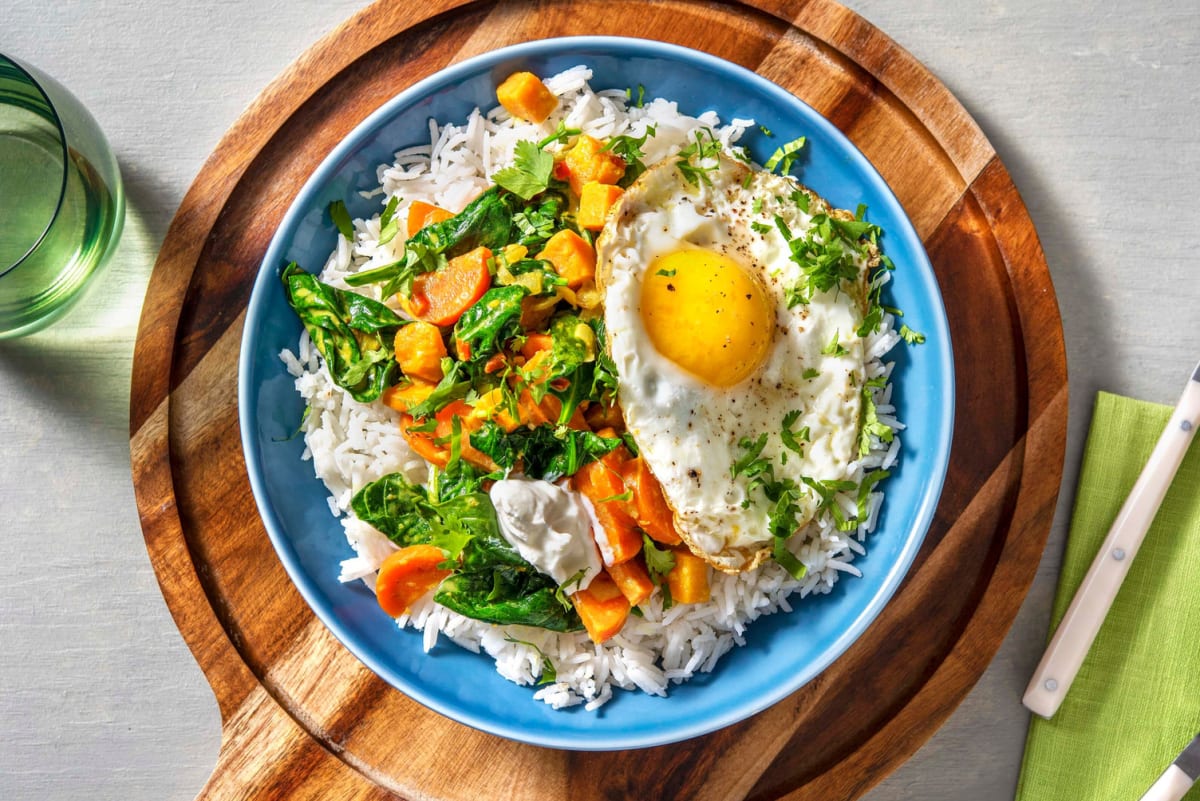 Curry met spinazie en zoete aardappel