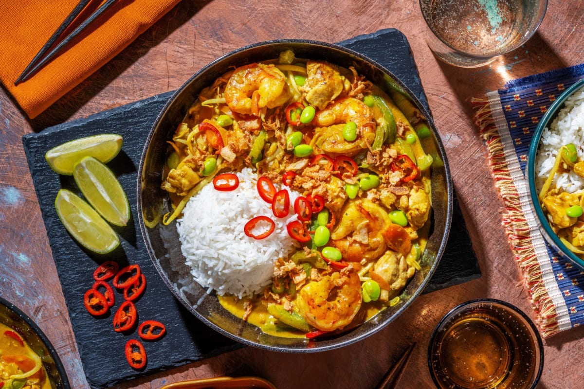 Curry thaï de luxe au émincés de poulet et grosses crevettes
