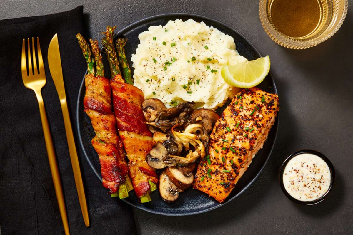 Crusted Salmon and Bacon-Wrapped Asparagus