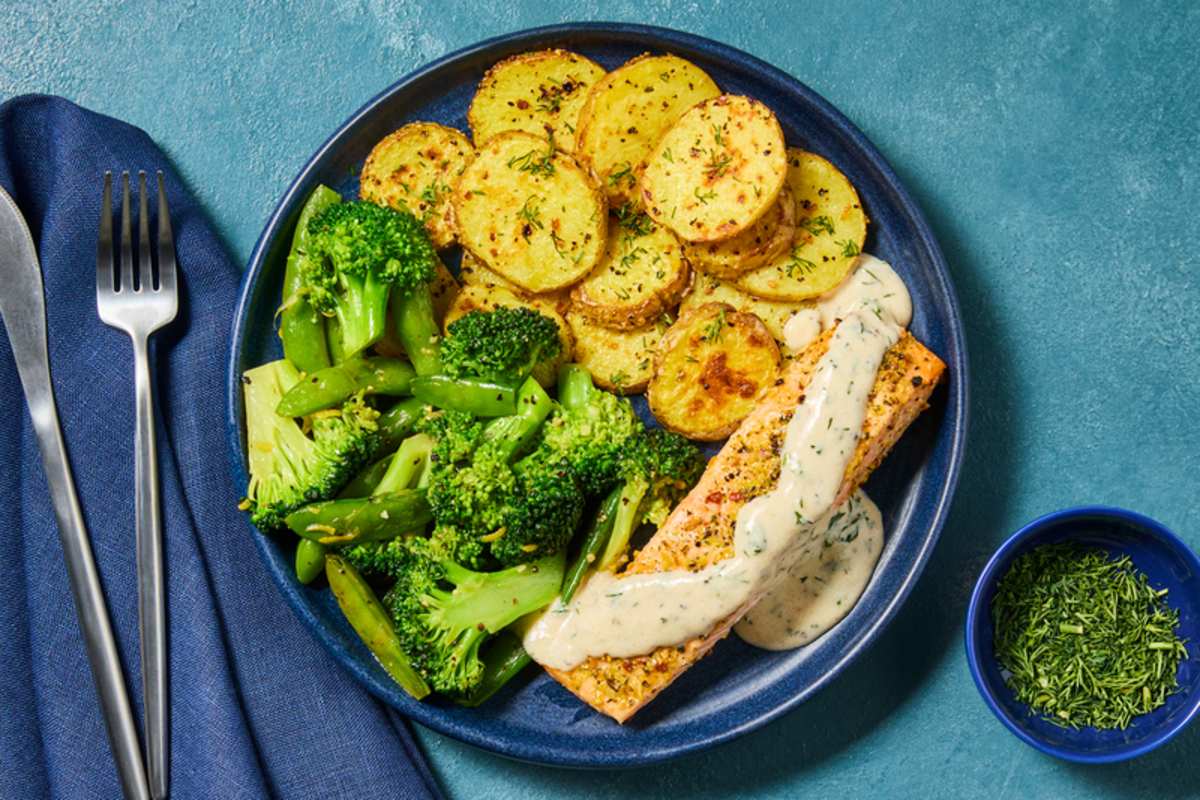 Roasted Salmon and Herb Cream Sauce