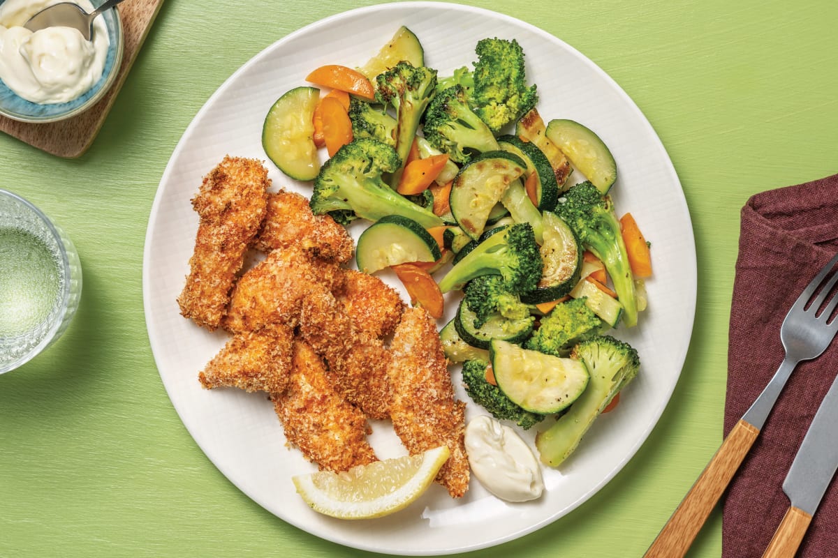 Crumbed Chicken Strips & Garlic Veggies