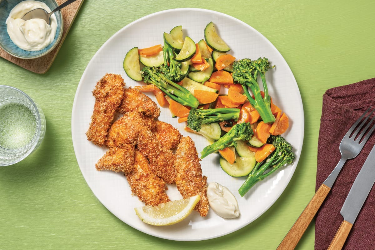 Crumbed Chicken Strips & Garlic Veggies