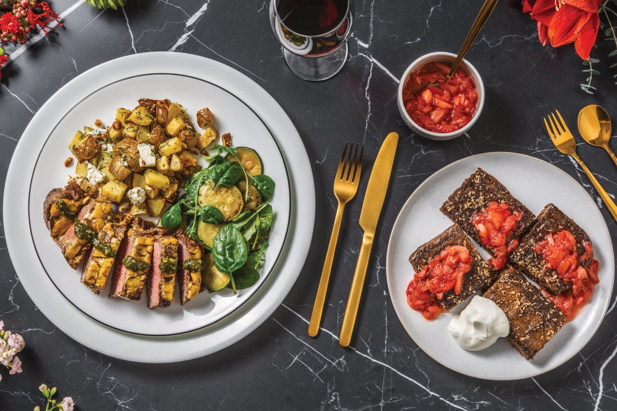 Dijon & Herb Crusted Lamb with Dill-Fetta Potatoes & Sautéed Zucchini Salad