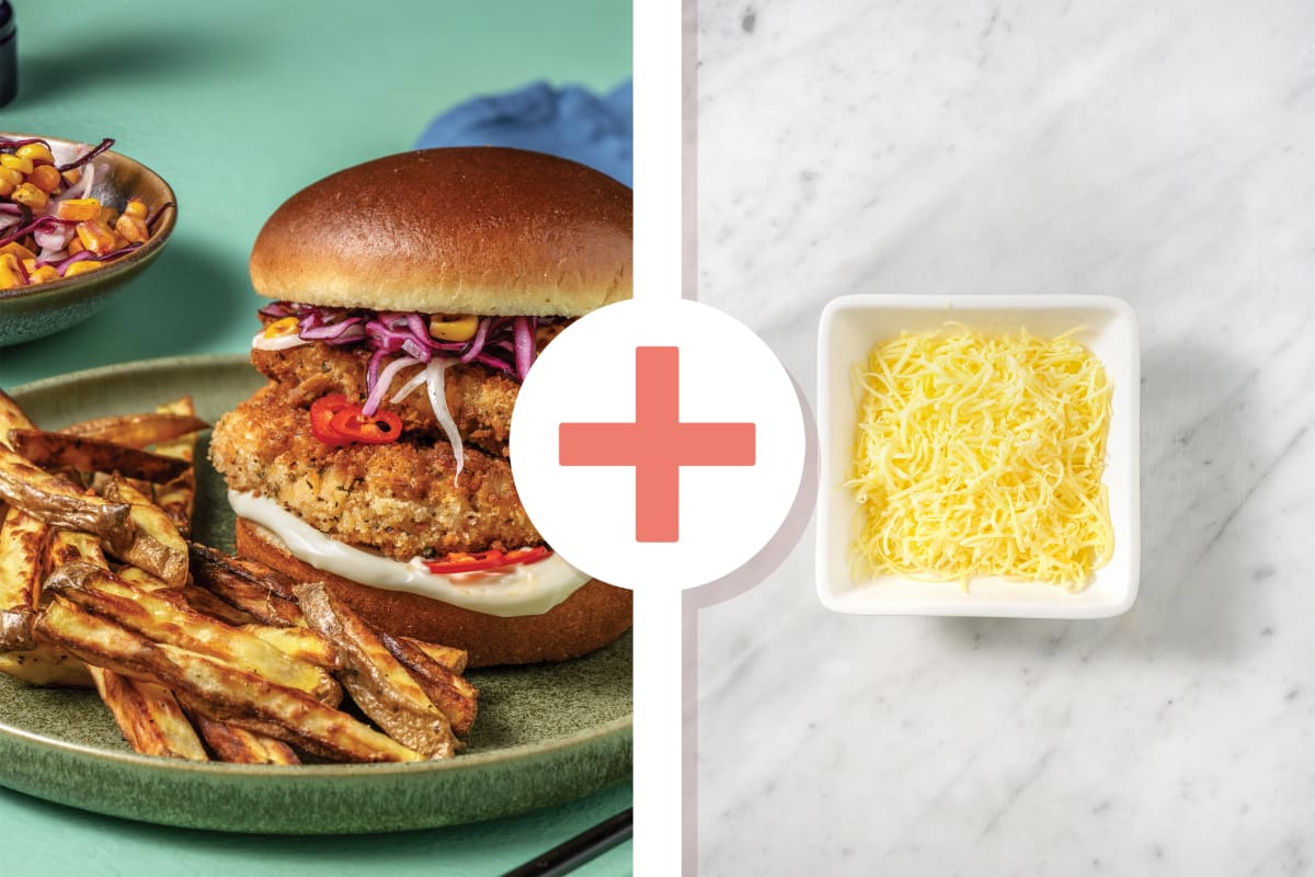 Cheesy Mexican Crumbed Chicken Burger & Fries