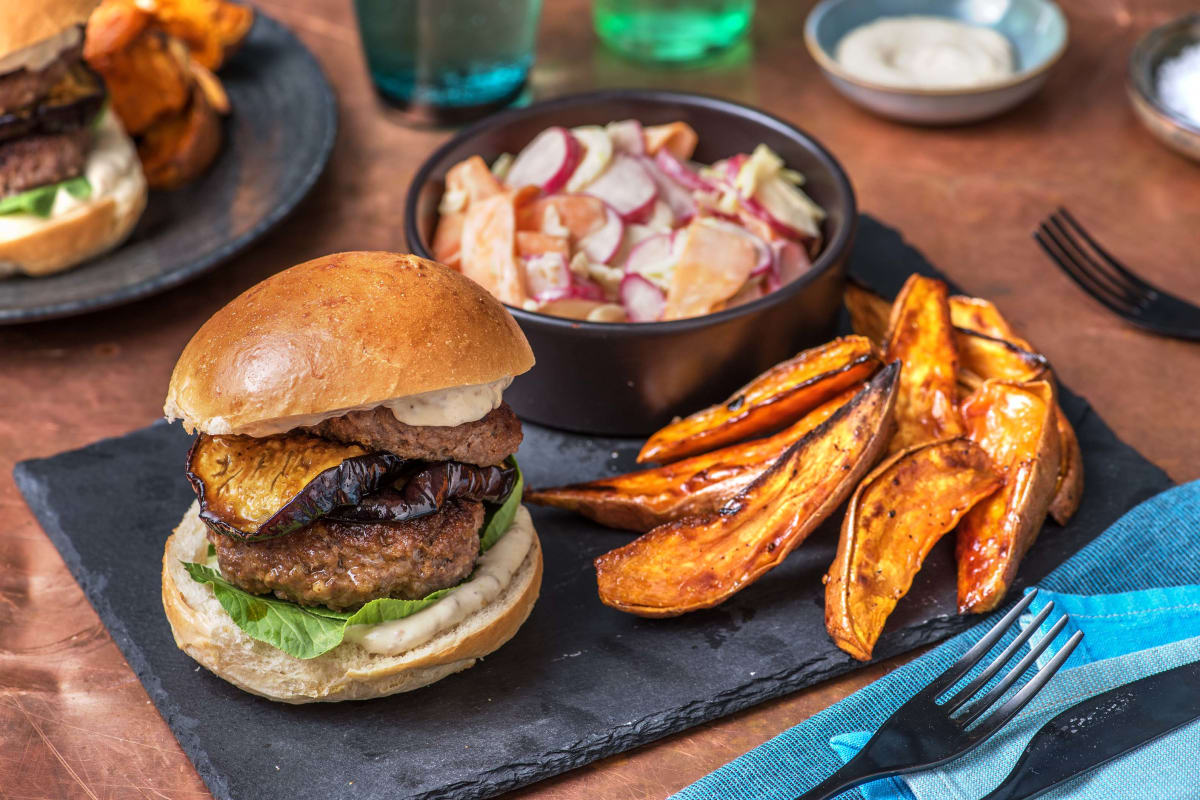 Double Miso Beef Burger and Sticky Aubergine