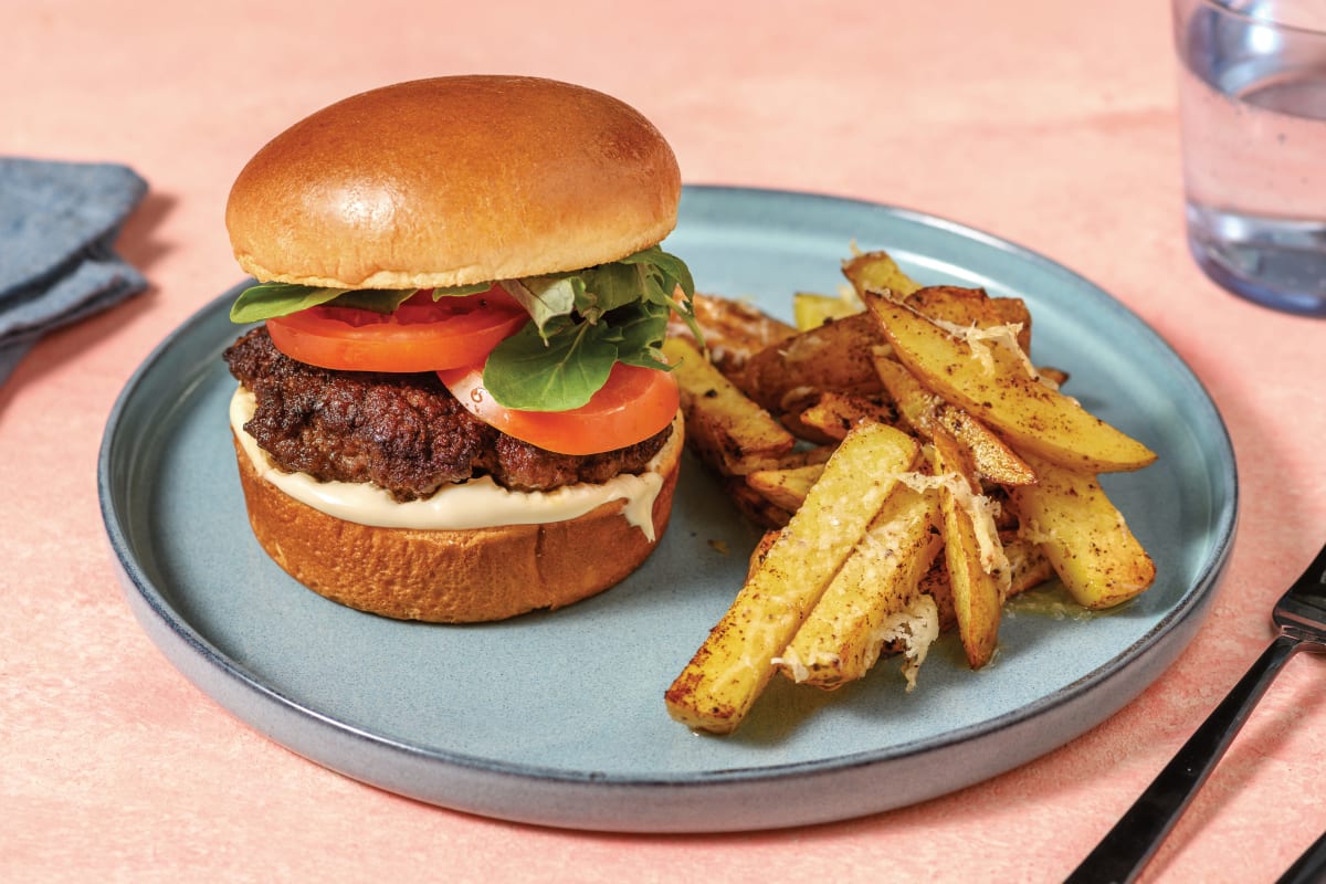 Easy Beef Burger & Sweet Potato Parmesan Fries