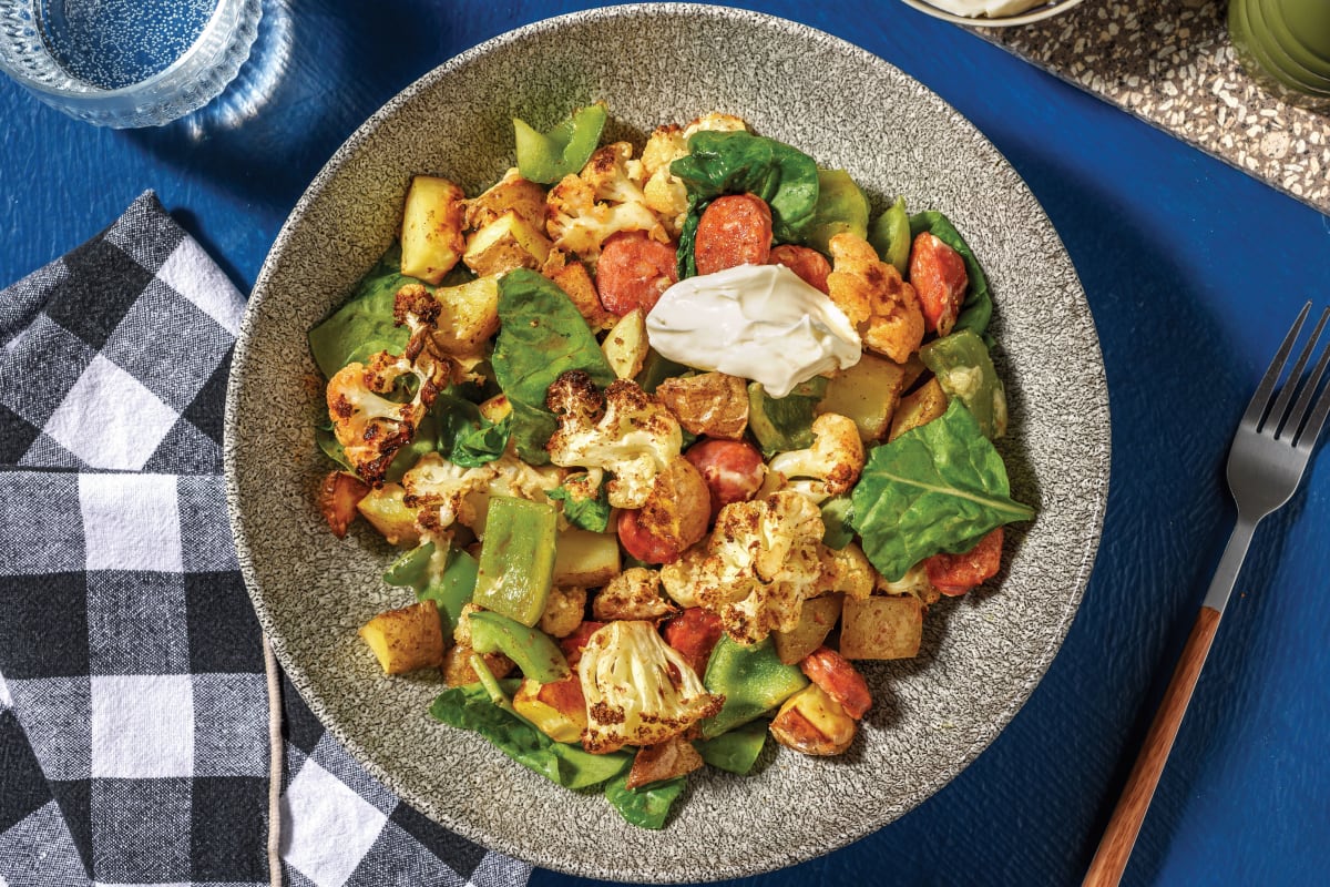 One-Tray Cheesy Chorizo & Cauliflower Medley