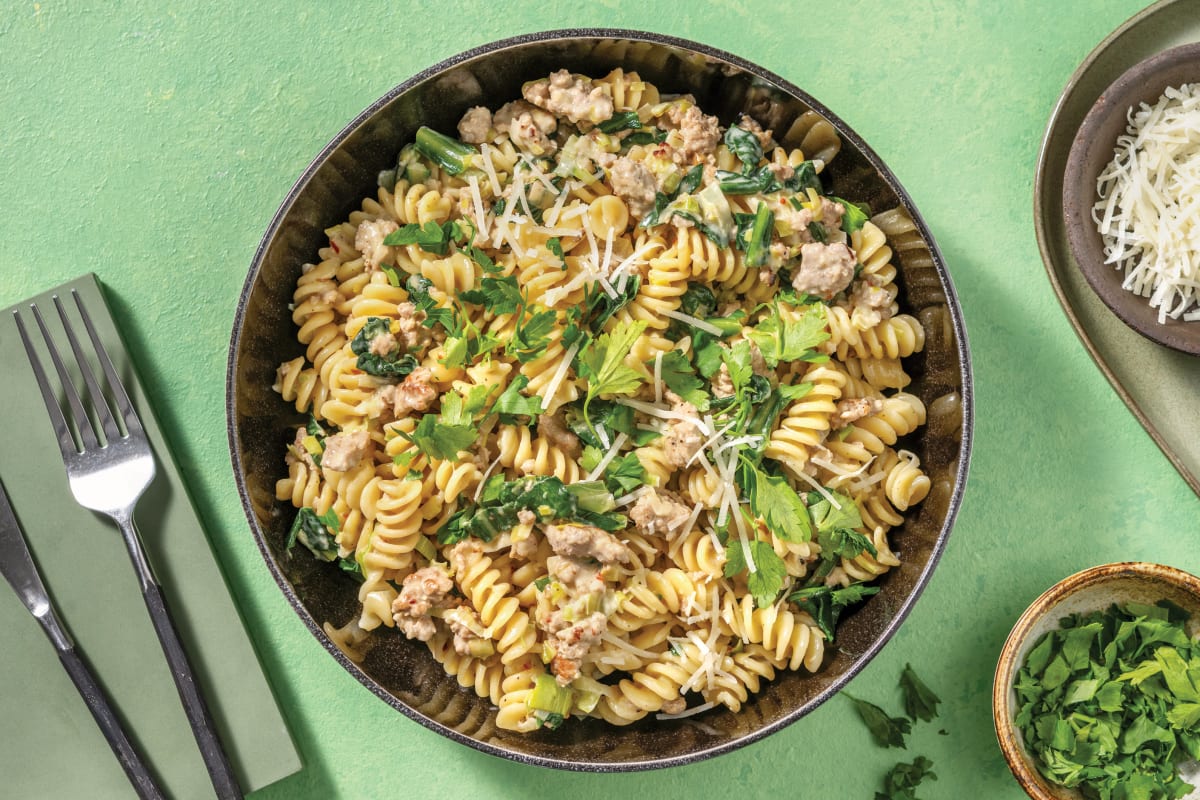 Creamy Pork, Leek & Spinach Fusilli