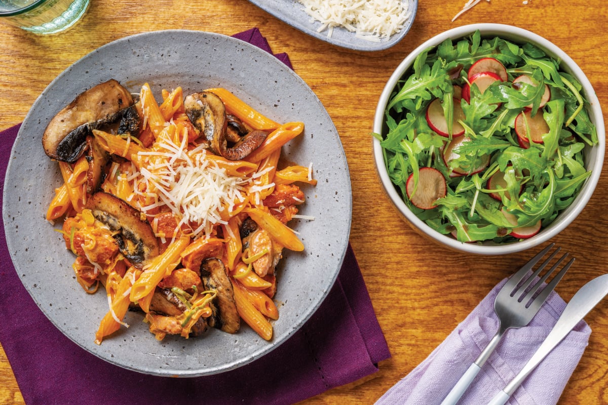 Easy Creamy Tomato, Mushroom & Chorizo Penne