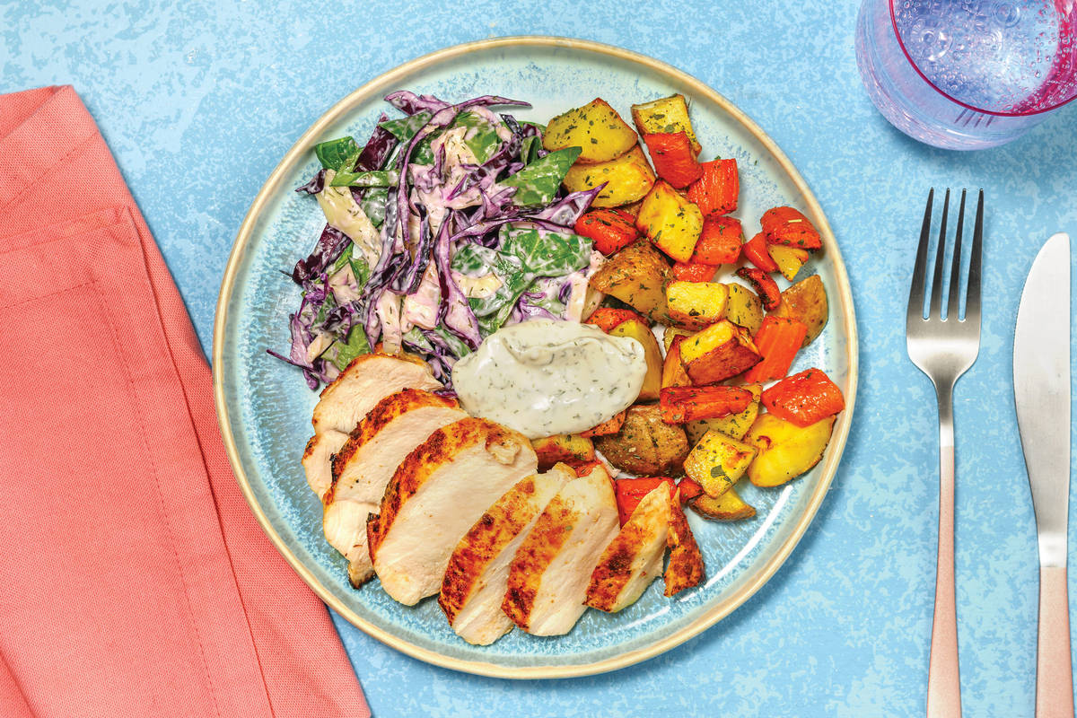 Louisiana Baked Chicken with HerbRoasted Veggies, Slaw & DillParsley