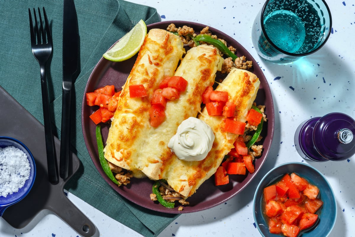 Enchiladas « destructibles » gratinées au porc et sauce maison