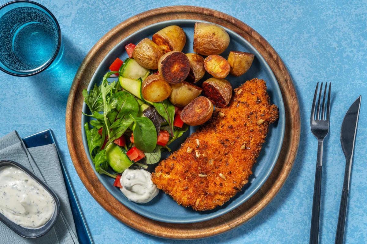 Meerzaden visschnitzel met gebakken krieltjes