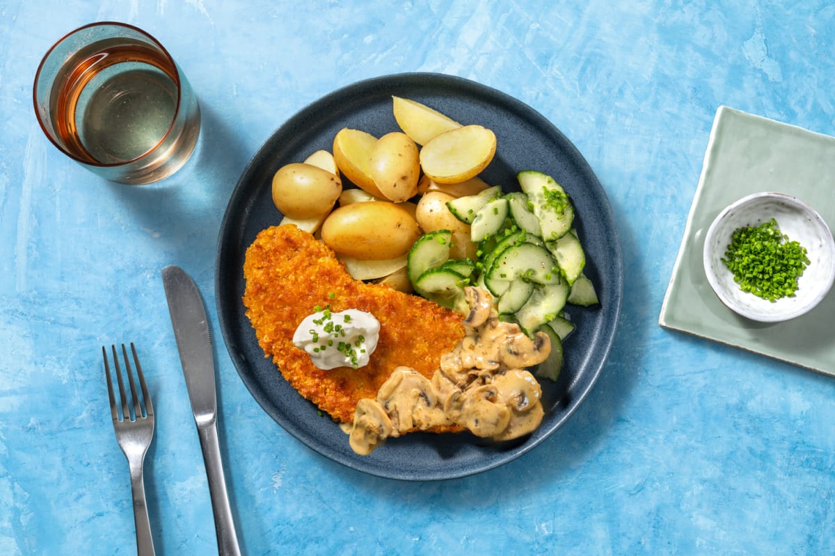 Vegetarische schnitzel met champignonroomsaus