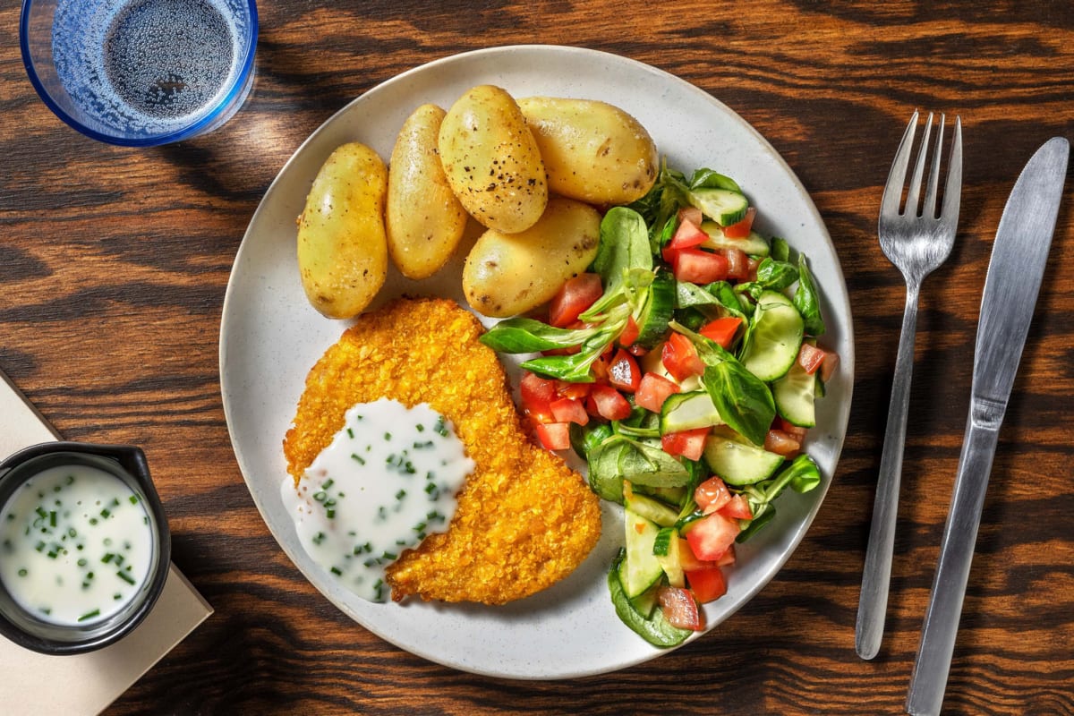 Vegetarische schnitzel met bieslookroomsaus