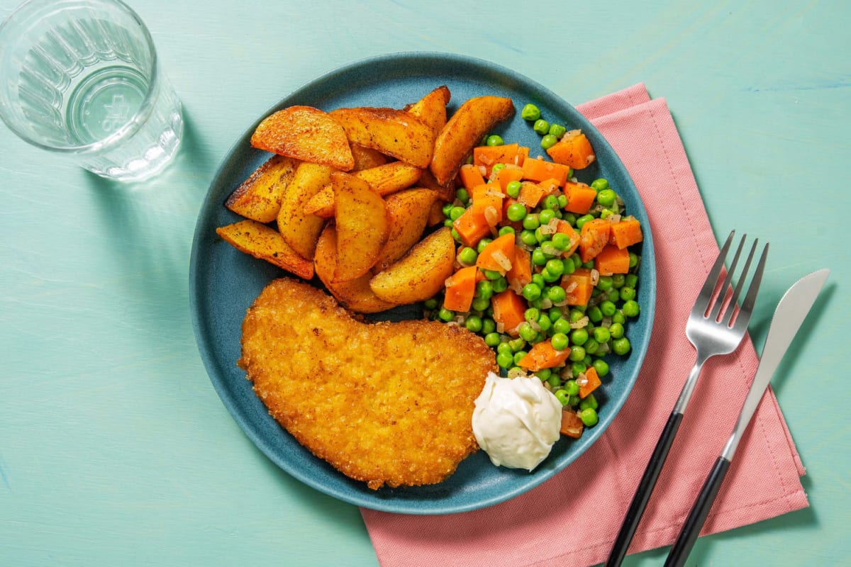 Vegetarische kaasschnitzel met gebakken aardappelen