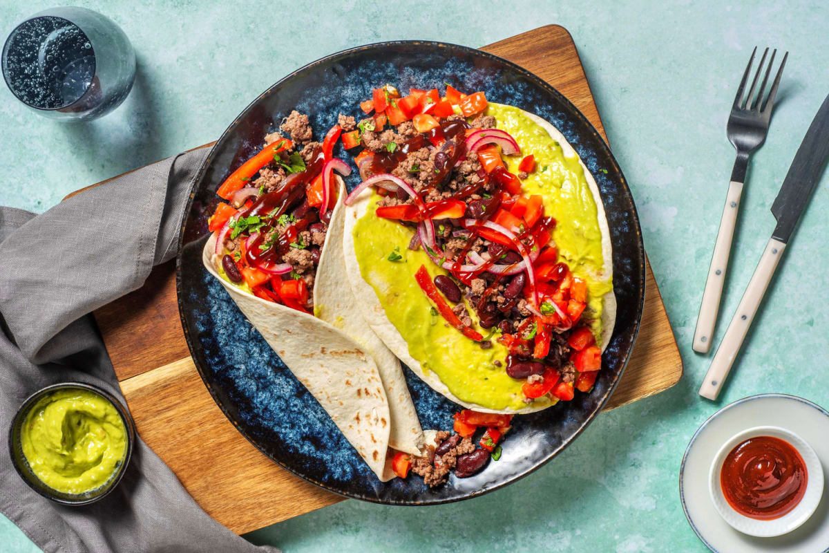 Fajitas met rundergehakt, avocadodip en tomatensalsa