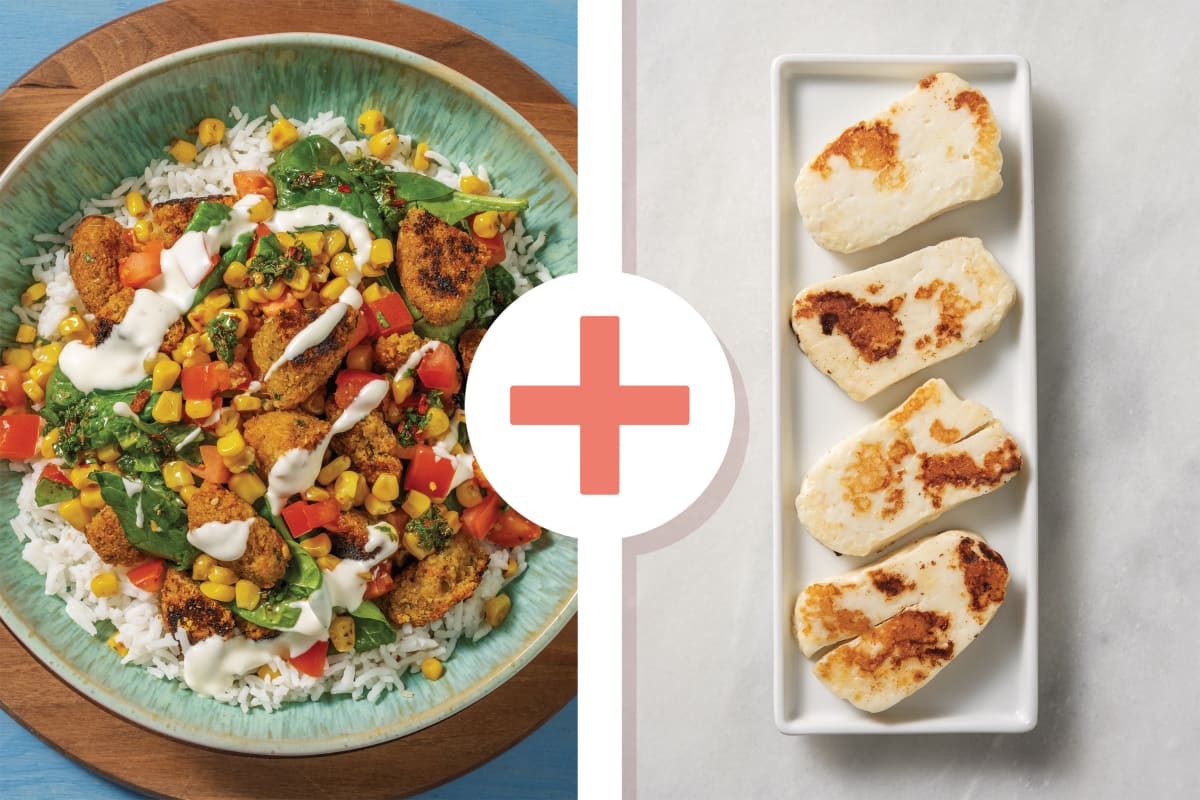 Falafel, Haloumi & Charred Corn Salsa Toss