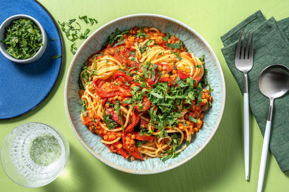 Spaghettis arrabbiata aux lentilles