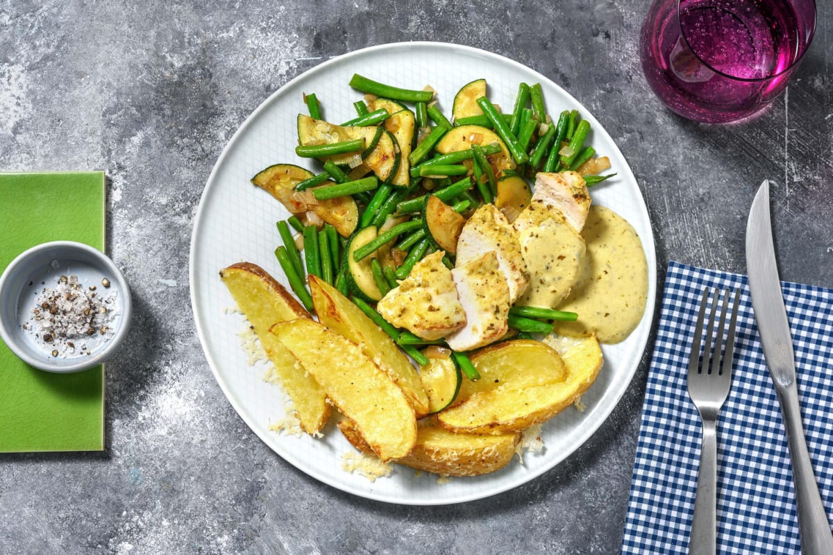 Kalkoenfilet met basilicumcrème en aardappelpartjes