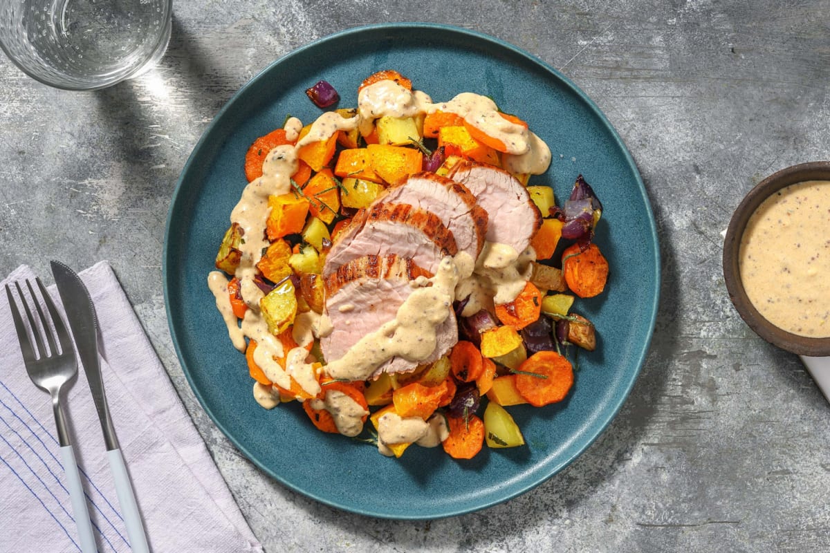 Pork Tenderloin and Root Veggie Tray Bake