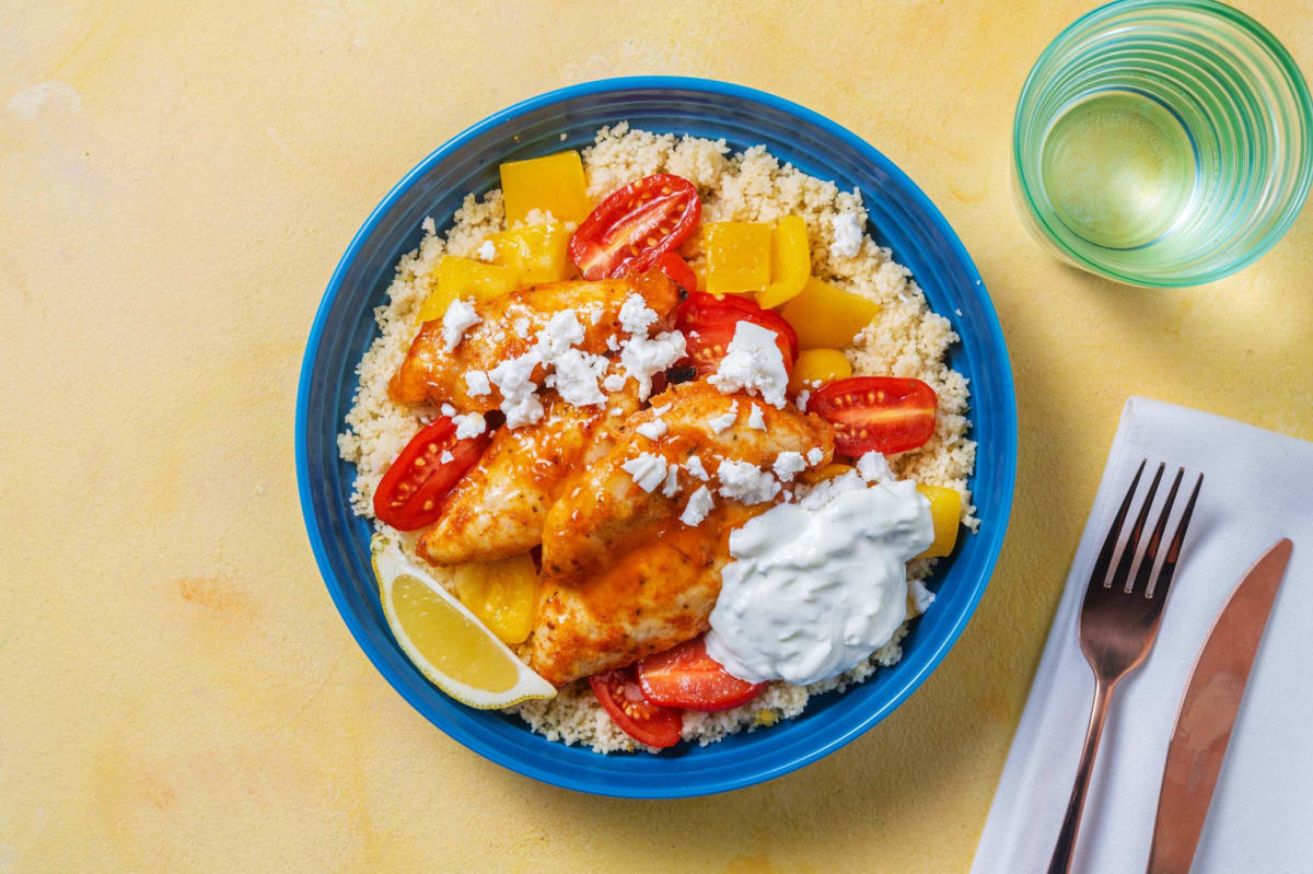 Filets de poulet épicés au harissa et aux abricots