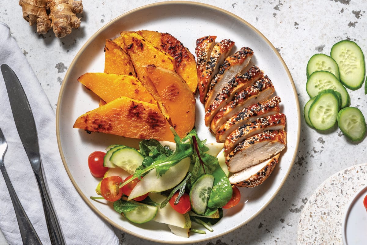 Sesame Baked Chicken with Miso Pumpkin Wedges & Pear Salad