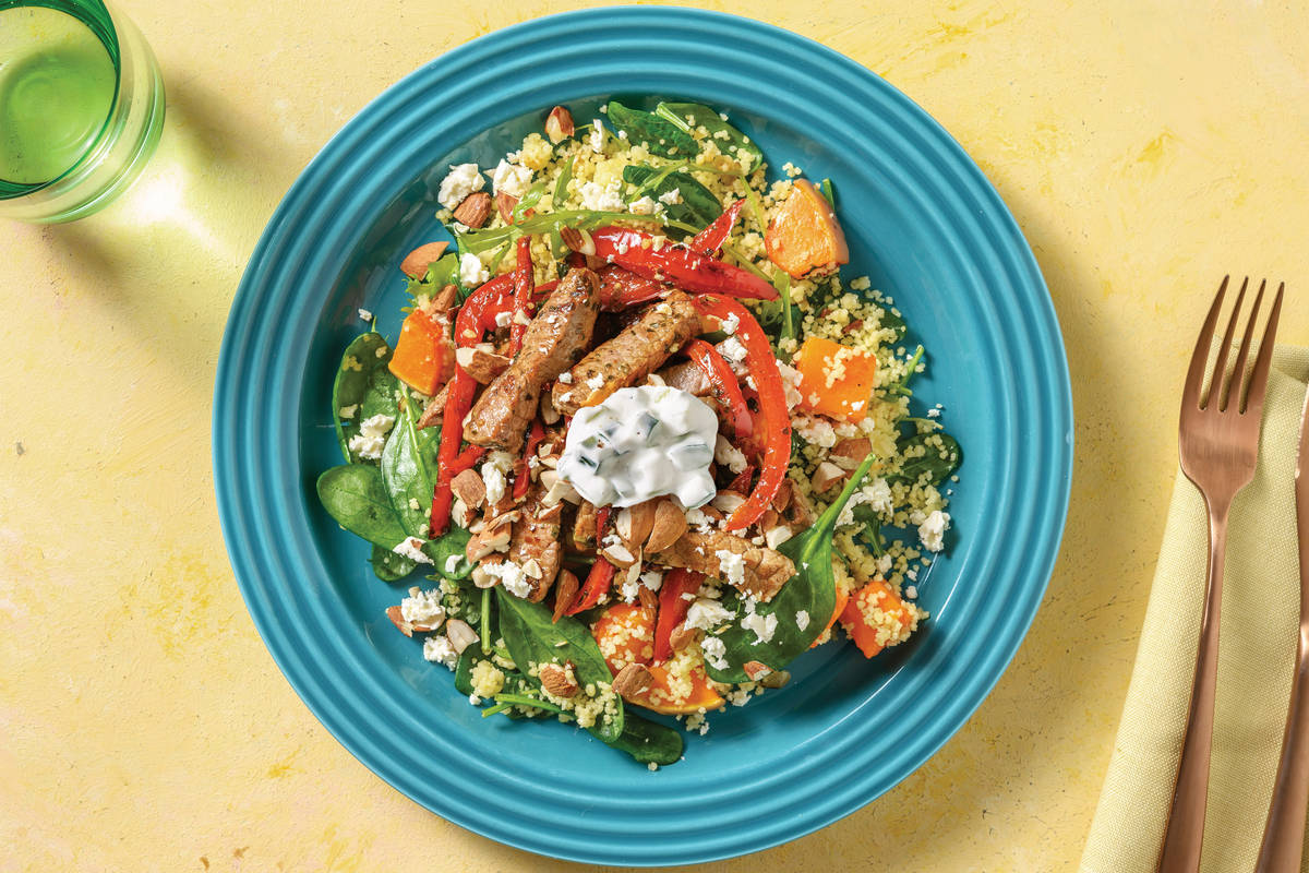 Garlic Beef & Roast Veggie Couscous with Herby Mayo Recipe HelloFresh