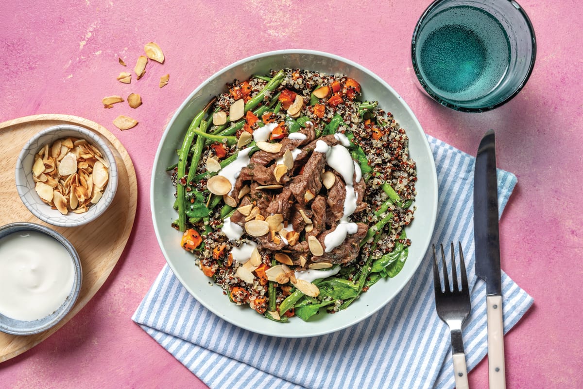 Garlicky Beef & Roast Veggie Quinoa Salad