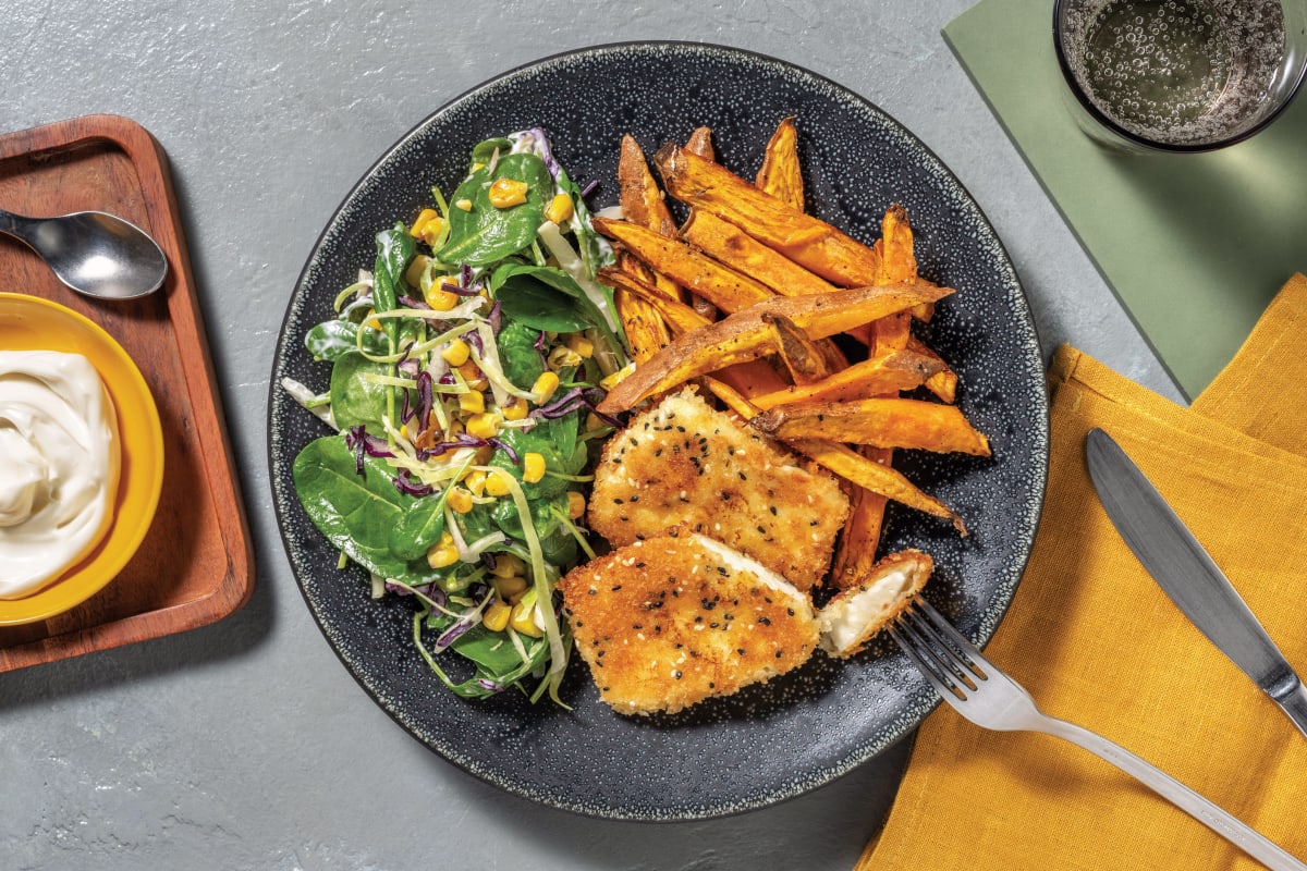 Sesame Crumbed Haloumi & Spinach-Corn Slaw