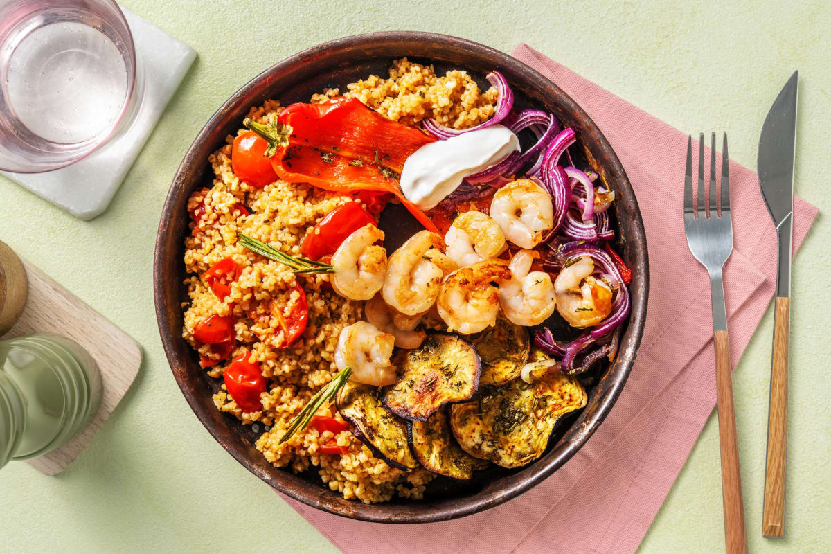 Brochettes de crevettes et salade de boulgour à la méditerranéenne