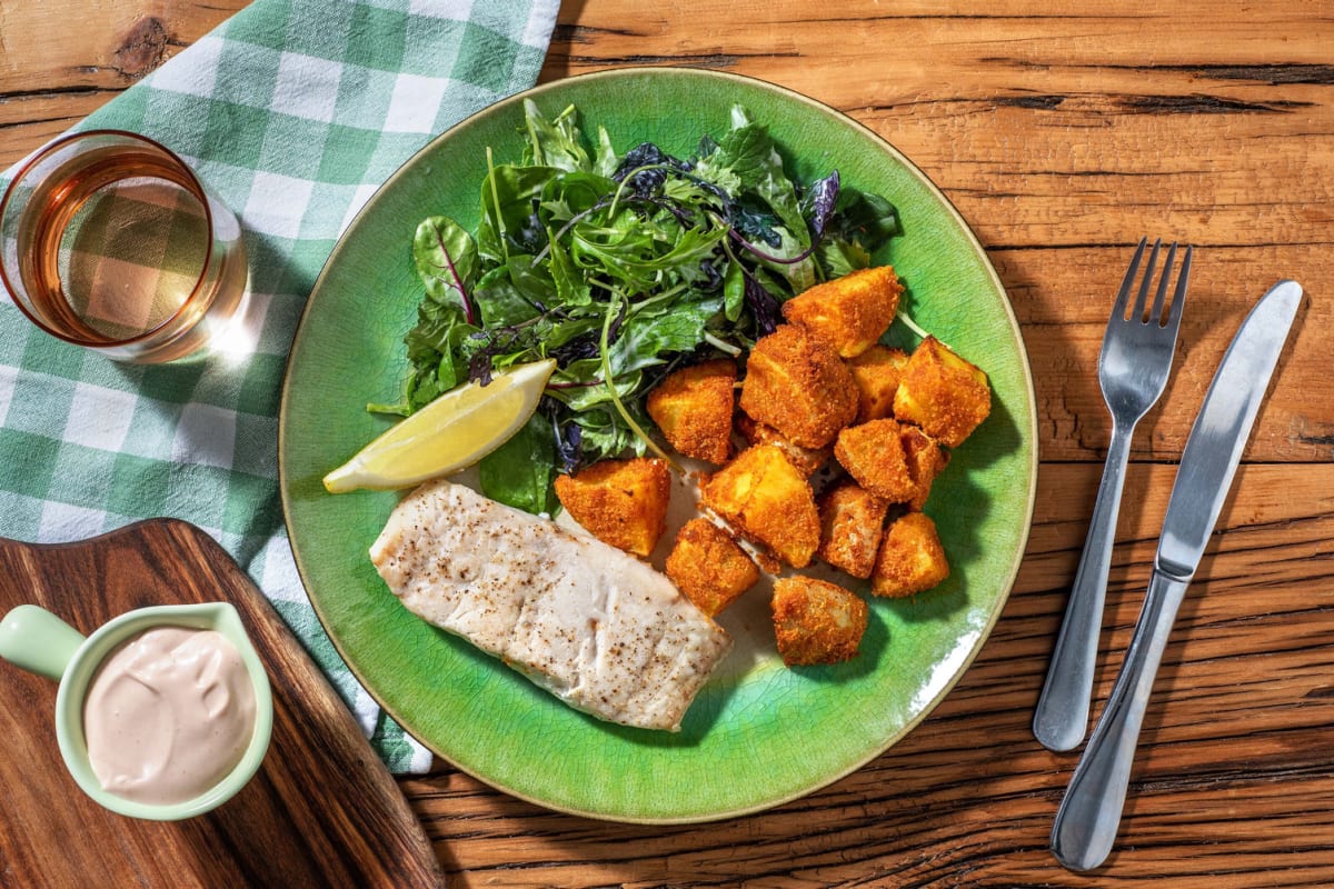 Gebackener Seelachs mit panierten Kartoffeln