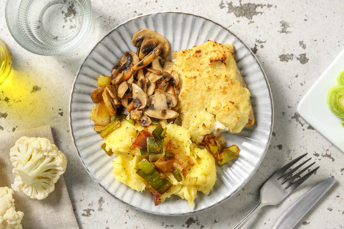 Filet de lieu jaune gratiné dans une sauce au chou-fleur