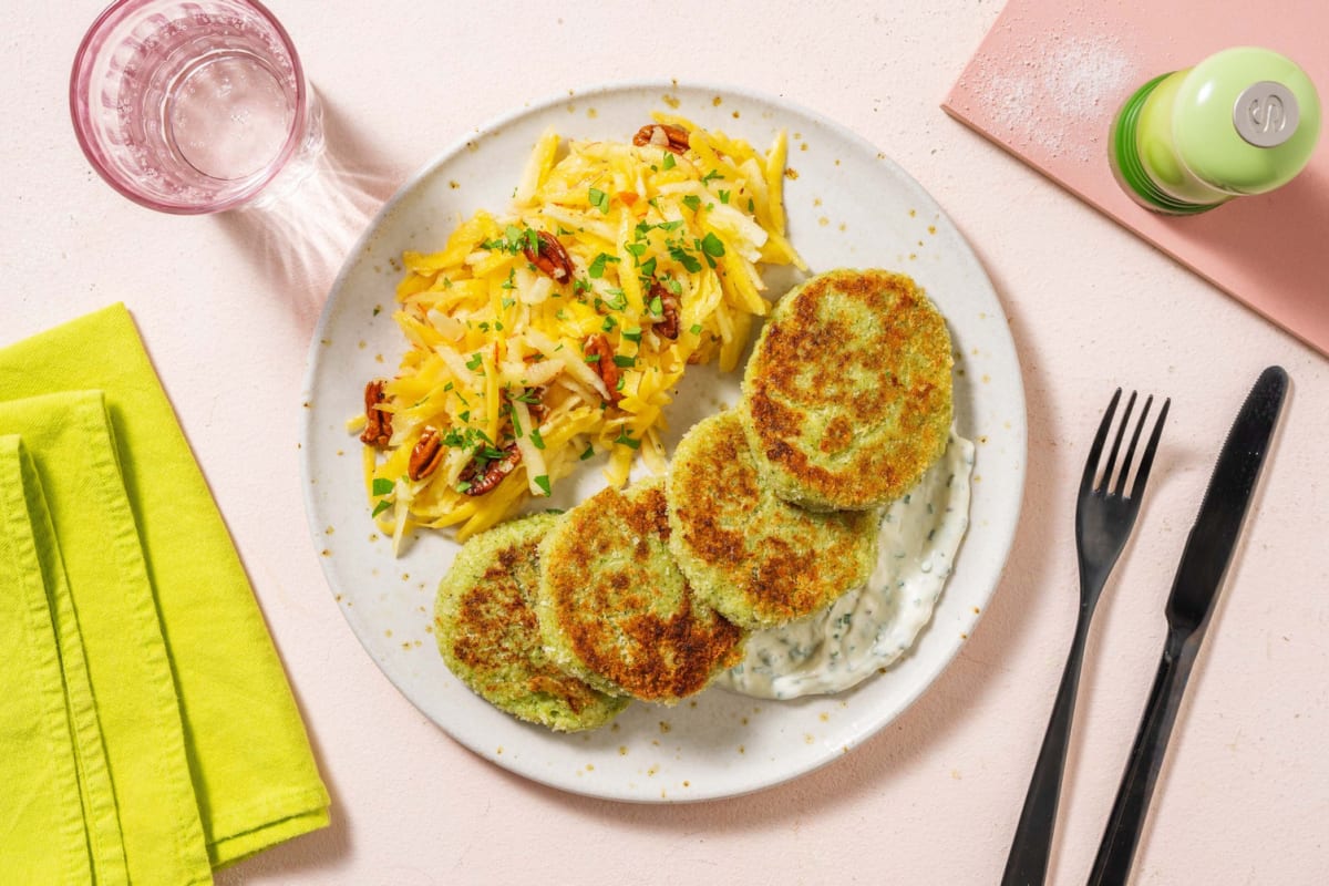 Gemüseplätzchen mit gelbem Apfel-Karotten-Salat